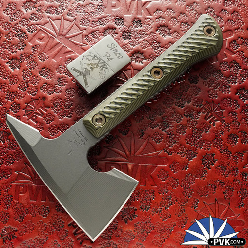 RMJ USA Mini Jenny Spike Tomahawk, Tungsten Gray 80CrV2, Dirty Olive G10 Handle Scales