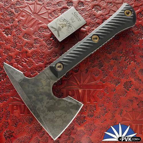 RMJ USA Mini Jenny Spike Tomahawk, Acid Etched Tungsten Gray 80CrV2, Black G10 Handle Scales