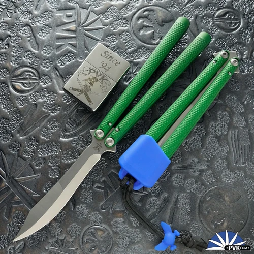 Flytanium Talisong Z, Stonewashed AEB-L Scimitar Blade, Emerald Aluminum Handles
