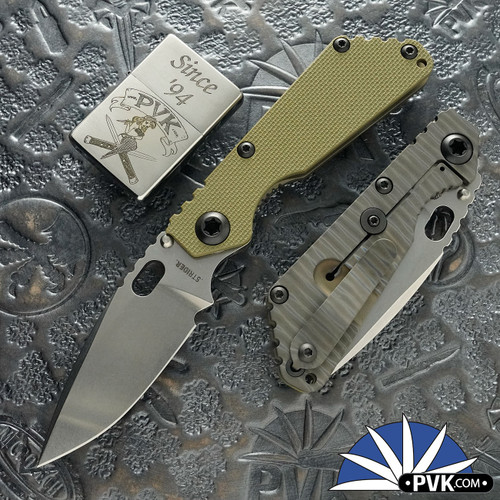 Strider Knives SnG, Stonewashed Drop Point Magnacut Blade, OD Green G10 Front Scale With Flamed Titanium Frame Lock And Clip