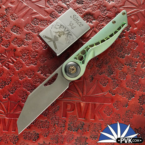 Hypercut Manufacturing Cretin, Dark Stonewashed S45VN Blade, Green/ Bronze Anodized Titanium Handle Scales W/ Zirconium Pivot Collar