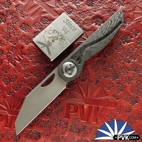 Hypercut Manufacturing Cretin, Dark Stonewashed S45VN Blade, Carbon Fiber Handle Scales W/ Black Timascus Pivot Collar