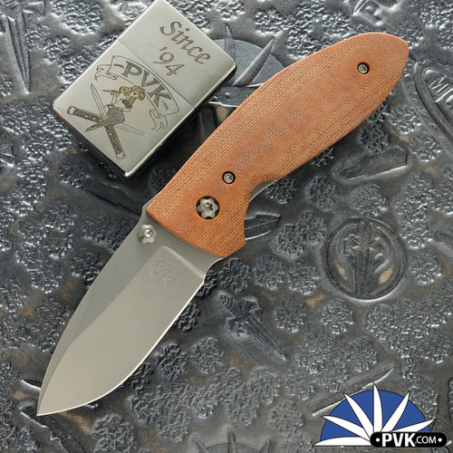 Tom Krein Alpha Folding Knife, Tumbled Hollow Ground XHP Spear Point Blade, Diamond Scratched Liners, Natural Micarta Scales W/ Titanium HW