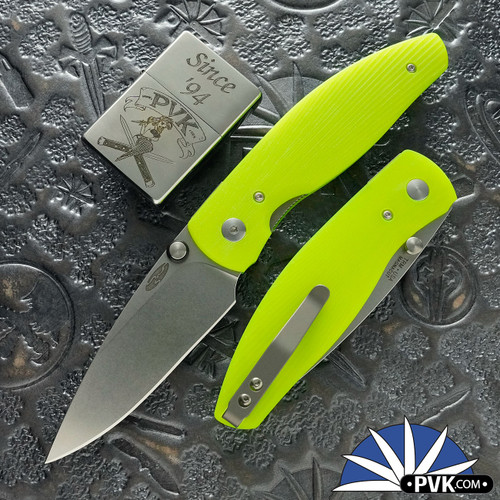 Three Rivers Manufacturing (TRM) Atom Linerlock, Magnacut Blade, Day Glow G10 Sunburst Handle Scales