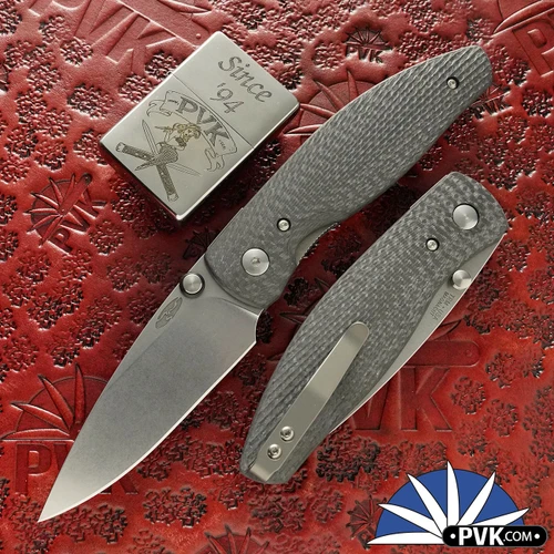 Three Rivers Manufacturing (TRM) Atom Linerlock, Magnacut Blade, Carbon Fiber Sunburst Handle Scales