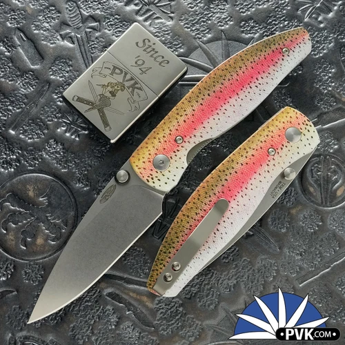Three Rivers Manufacturing (TRM) Atom Linerlock, Magancut Blade, 3D Rainbow Trout G10 Handle Scales