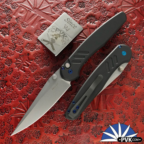 Protech/Peace Neighbor Designed Avalon CCKSF26.Avalon.1, Stonewashed A-421 Blade, Black Knurled Aluminum Handle, Black Lip Pearl Button, Sapphire Blue HW