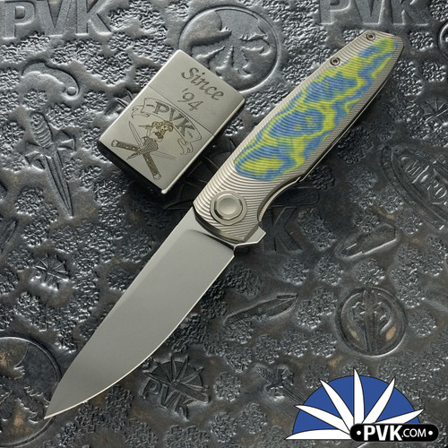 Holt Bladeworks Custom Outlaw #214, Near Mirror M390 Drop Point Blade, Flux Milled Titanium Handle Scales W/Morph TPC Blue/ Yellow Inlay