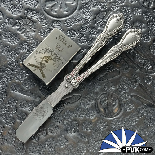Pabu And Son Custom Balisong, Barber Straight Razor Blade, Sterling Silver Spoon Handles