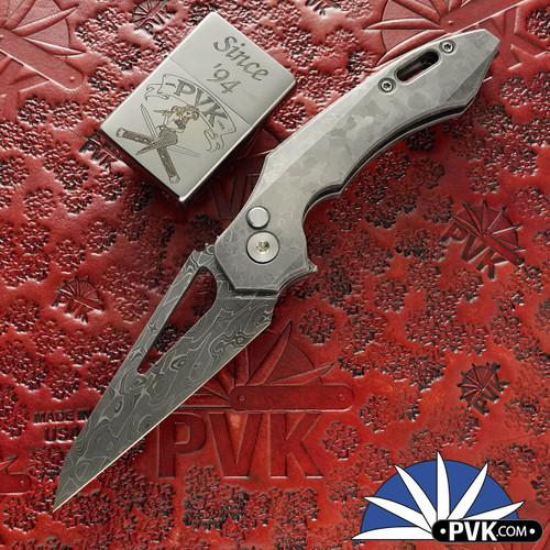 RMOR Knives Custom Squirrel, Vegas Forge Rose And Vine Damascus Blade, Crystalized Titanium Handle, With Coin