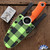 Dan Dugdale Custom Finger Hole Fixed Blade, Hand Rubbed Satin D2 Drop Point, Orange G10 Handle, Lime Green Flannel Pattern Kydex Sheath