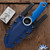 Dan Dugdale Custom Finger Hole Fixed Blade, Hand Rubbed Satin D2 Drop Point, Blue G10 Handle, Navy Blue Kydex Sheath