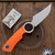 Dan Dugdale Custom Finger Hole Fixed Blade, Hand Rubbed Satin D2 Skinner, Orange G10 Handle, Lime Green Flannel Pattern Kydex Sheath