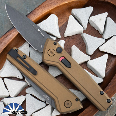 Buck 838 Deploy Auto, Cerakote Grey Drop Point Blade, Burn Bronze