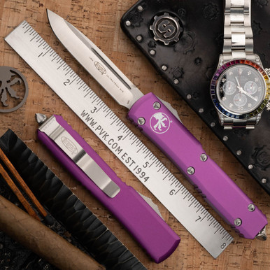Microtech Ultratech 121-4VI Single Edge Satin Blade, Violet Handle
