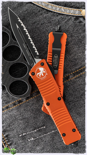 Microtech Combat Troodon D/E 142-3OR Black Fully Serrated Blade Orange ...