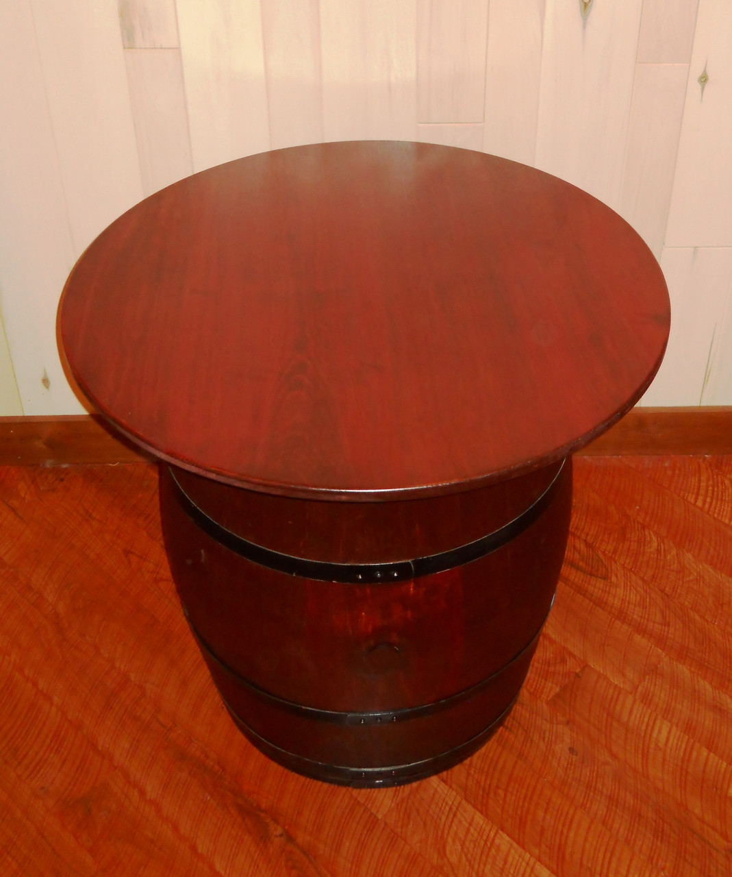 Wine Barrel Pub Table Antiqued Barrel Custom Quality Wine Barrel Furniture The dimension of base is 52.25 lx17.75 wx14 h. twisted river woodworks
