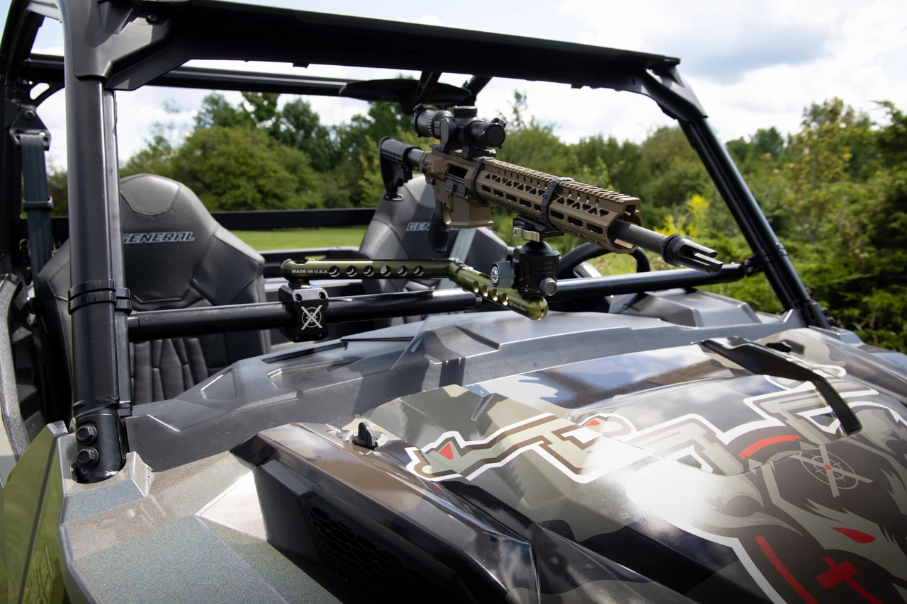 XtraArm Universal SxS Shooting System mounted to a side-by-side ROPS