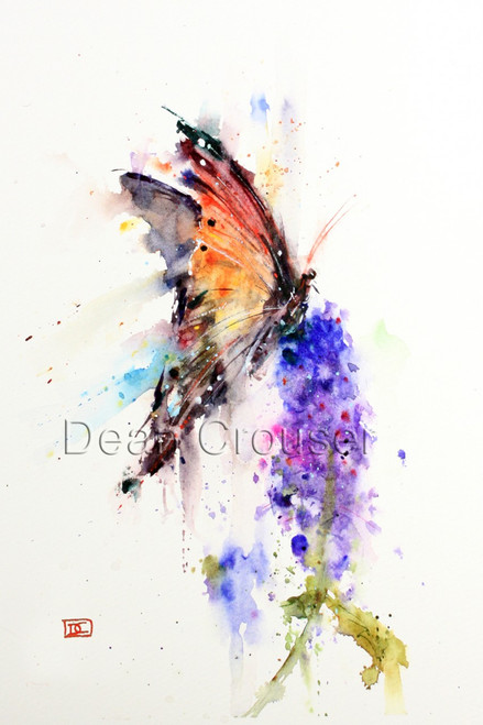 "MONARCH" limited edition butterfly art from an original watercolor painting by Dean Crouser. This watercolor painting depicts one of Dean Crouser's loose and colorful butterflies landing atop a summer flower. in motion. Available in a variety of products including ceramic tiles and coasters, greeting cards, limited edition prints and more. L/E prints are signed and numbered by the artist and edition size limited to 400. Be sure to visit Dean's other hummingbird, bird, wildlife, and nature watercolor paintings. 