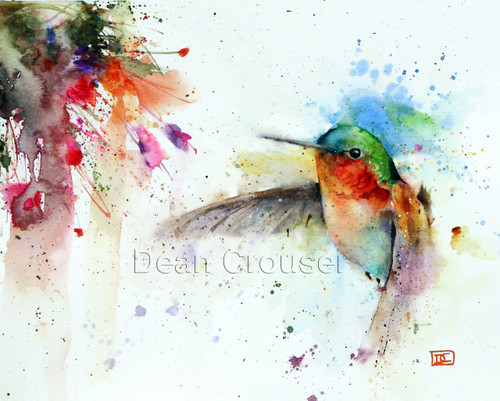 This print depicts a hungry hummingbird approaching a colorful nearby flower. All of Dean's wildlife and nature watercolor paintings strive to capture the essence the subject whether it is a fish, bird or animal. His unique style aims to depict a subject in a way the viewer has never seen before.