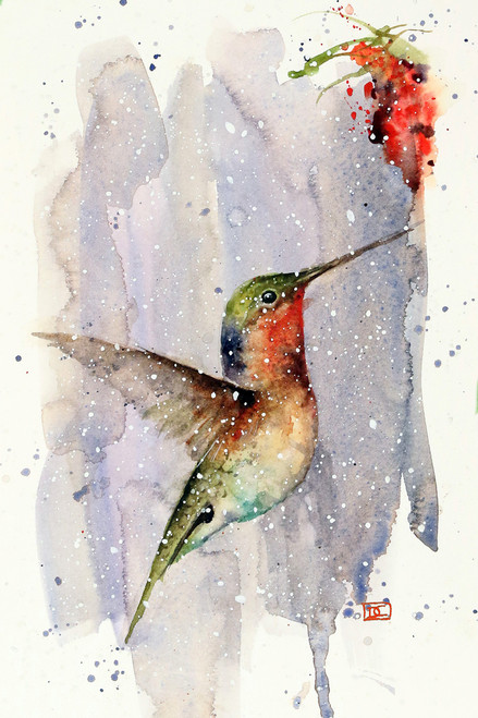 "WINTER HUMMER" hummingbird art from an original watercolor painting by Dean Crouser. Available in a variety of products including signed and numbered limited edition prints, ceramic tiles, greeting cards and more!