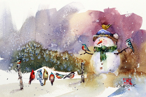 "SNOWMAN and SONGBIRDS" bird art from an original watercolor painting by Dean Crouser. This winter snow scene features a snowman surrounded by a group of bird friends. Available in a variety of products including signed prints, art tiles and coasters, cutting boards, greeting cards and more. Prints are limited to edition size of 400. Thanks for looking!