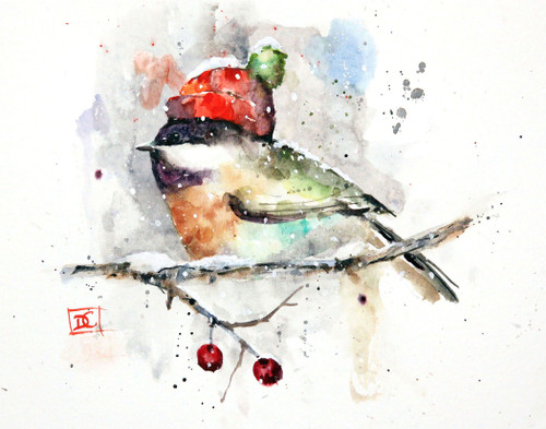 "CHICKADEE in CAP" depicts a winter chickadee nestled in with a warm knit hat. Available in a variety of products including limited edition signed and numbered prints, ceramic tiles and coasters greeting cards and more.