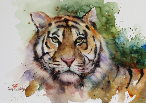 "MAJESTIC" tiger art from an original watercolor painting by Dean Crouser. Available in a variety of products including signed and numbered limited edition prints, ceramic tiles and coasters, greeting cards and more. 