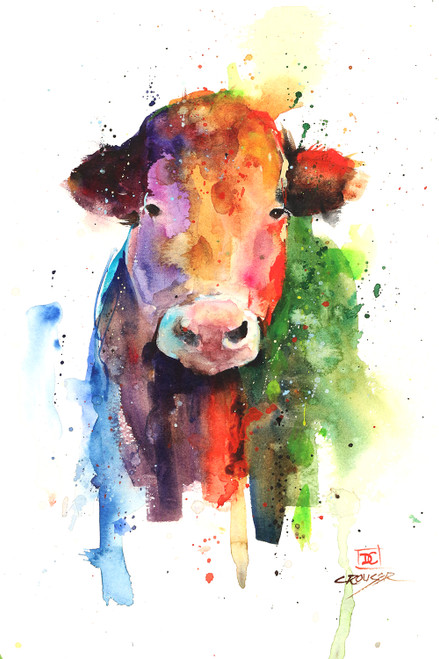 "HAPPY COW" art from an original watercolor painting by Dean Crouser. Available in a variety of products including signed and numbered limited edition prints, ceramic tiles and coasters, greeting cards and more. 