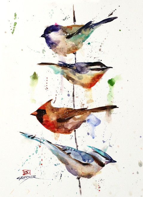 "The PERCH" bird art from an original watercolor painting by Dean Crouser. This image features a cardinal, nuthatch, chickadee and blue jay meeting up at the local perch. Available in a variety of products including limited edition signed and numbered prints, ceramic tiles and coasters, greeting cards and more. 