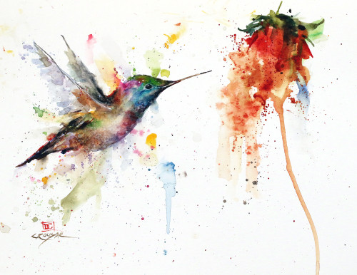 "LUCKY" original hummingbird and flower watercolor painting by Dean Crouser. Measures approximately 9" tall by 11-1/2" wide. Artist retains any and all rights to future use of this image.