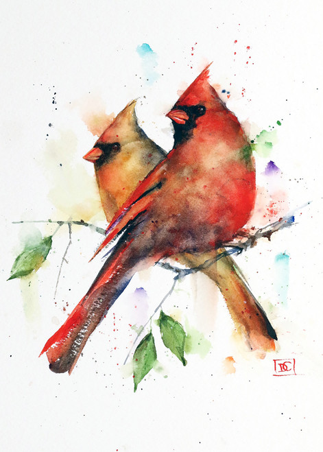 "CARDINAL PAIR" 5 x 7" greeting cards. Blank inside, white envelope included. Individually packaged in protective clear flap-sealed bag. Quantity discounts.