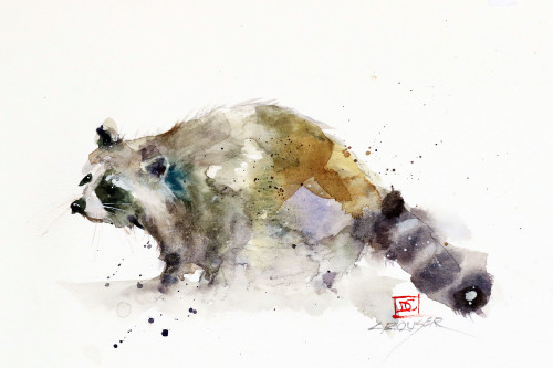 'RACCOON" art from an original watercolor painting by Dean Crouser. Available in a variety of formats including limited edition signed and numbered prints, ceramic tiles and coasters, greeting cards and more. 