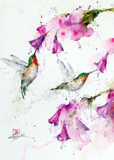 "HUMMINGBIRDS & FLORAL" 5 x 7" greeting card featuring the watercolor art of Dean Crouser. Blank inside, white envelope included. Individually packaged in protective clear flap-sealed bag. Cards sold in multiples of six (6). Quantity discounts.