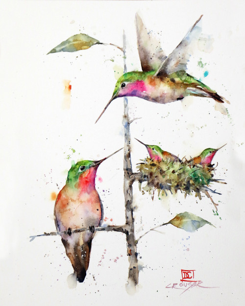 "HUMMINGBIRD FAMILY" hummingbird art from an original watercolor bird painting by Dean Crouser. This image is available in a variety of products including signed and numbered limited edition prints, ceramic tiles and coasters, greeting cards and more.