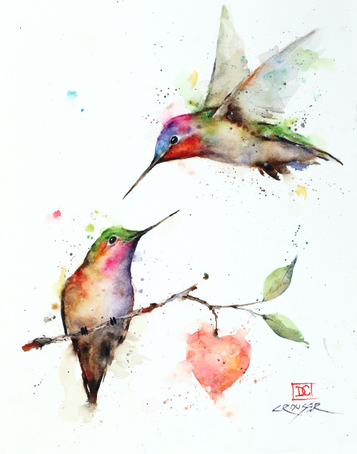 "LOVE IS IN THE AIR" hummingbird art from an original watercolor painting by Dean Crouser. Available in a variety of products including signed and numbered limited edition prints, ceramic tiles and coasters, greeting cards and more.