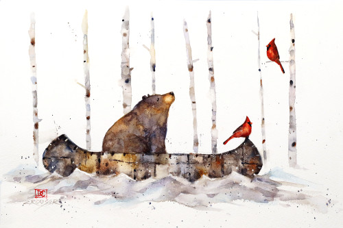 "IF A BEAR HAD A BOAT" watercolor wildlife art from an original painting by Dean Crouser (original has been sold). This painting depicts a bear floating downstream in a birch bark canoe while under the watchful eye of two cardinals.

Available in a variety of mediums including limited edition prints that are signed and numbered by the artist, ceramic tiles and coasters, greeting cards and more.
Copyright Dean Crouser©
Thanks for looking!