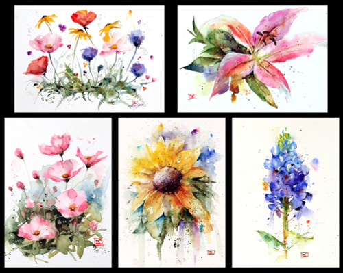 Set of 10 floral 5 x 7" greeting cards featuring the best selling flower art of Dean Crouser. You will receive two (2) each of the five cards pictured - Cosmos, Sunflower, Blue Bonnet, Wildflowers and Stargazer Lily.

Each 5 x 7" card is blank inside, white envelope included and individually packaged in clear flap-seal bag.

Dean's printing partner is both FSC (Forest Stewardship Council) and SFI (Sustainable Forest Management) certified. These organizations promote responsible and sustainable management of forests.