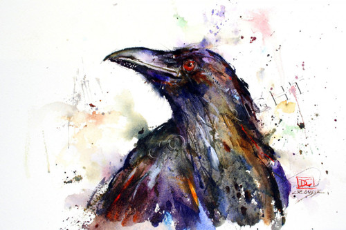 This print depicts a mischievous raven in all his glory.  Dean painted this fellow on a fly fishing trip to the St. Joe River in Idaho where this daily visitor kept the fisherman on their toes as he attempted to steal everything he could find. All of Dean's wildlife and nature watercolor paintings strive to capture the essence the subject whether it is a fish, bird or animal. His unique style aims to depict a subject in a way the viewer has never seen before in a watercolor painting.