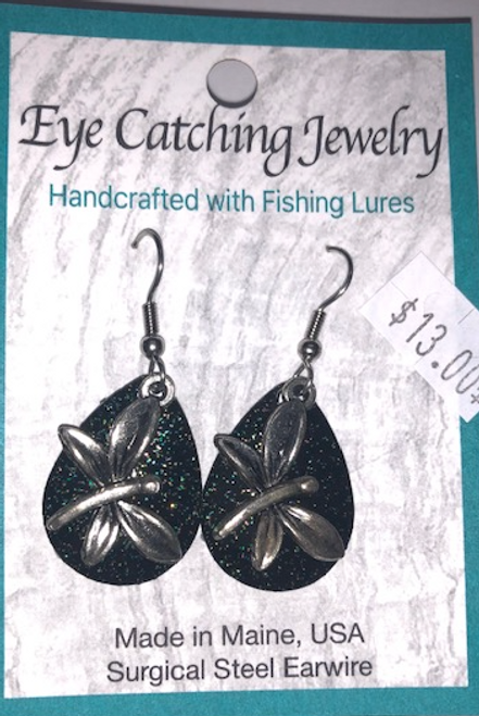 EARRINGS, FISHING LURES - Black Shimmer with Butterfly Charm