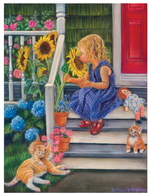 PUZZLE, A SUMMER KISS (Sunflowers, Kittens, Girl), SunsOut - 300 piece Jigsaw Puzzle