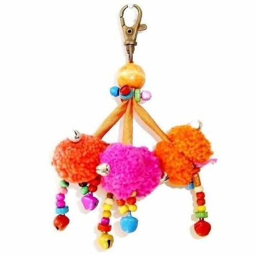 CLIP, carabiner style, with 3 POM POMS, RIBBONS, BEADS, Fair-Trade Thailand - Each