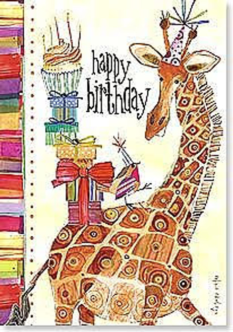 CARD birthday giraffe and presents,  Leanin'Tree