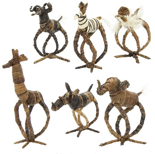 NAPKIN RINGS, BANANA FIBER ANIMALS (SET OF 6)