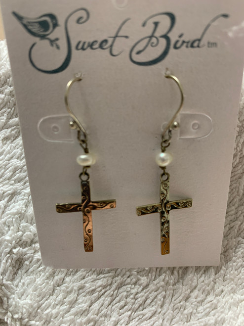 EARRINGS, PEARL CROSS, Sweet Bird