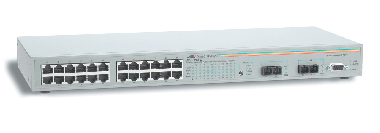 AT-8026FC Allied Telesis 24-Ports 10Base-T/ 100Base-TX Fast Ethernet Layer  2 Rack-mountable Managed Switch with 2x 100Base-FX Ports (Refurbished)