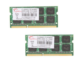 F3-8500CL7D-8GBSQ G Skill 8GB (2x4GB) DDR3 SoDimm Non ECC PC3-8500 1066Mhz Memory