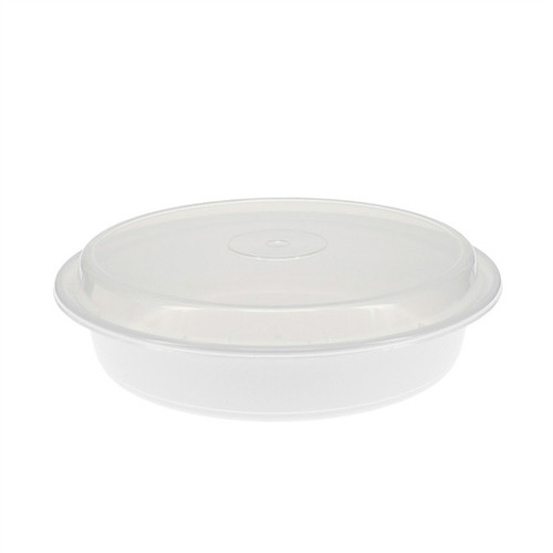 VERSAtainer® 9"/48oz White Microwaveable Round Takeout Container and Lid Combo, White Base/Clear Lid (150/cs)