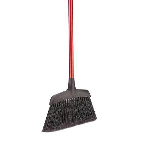 Commercial Angle Broom, 13"W x 53"H, 1" dia. red steel handle, with grip and hanger hole, one-piece resin block, 5" flagged staple-set recycled PET fibers, black