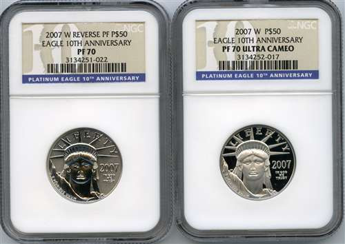2007-W $50 2-coin 10th anniversary platinum eagle set ngc pf70